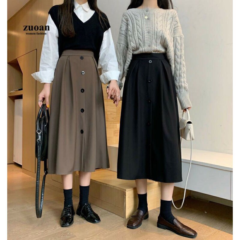 Chân váy Midi dáng xòe 5 cúc siêu đẹp, Chân váy Midi dáng dài cực hot