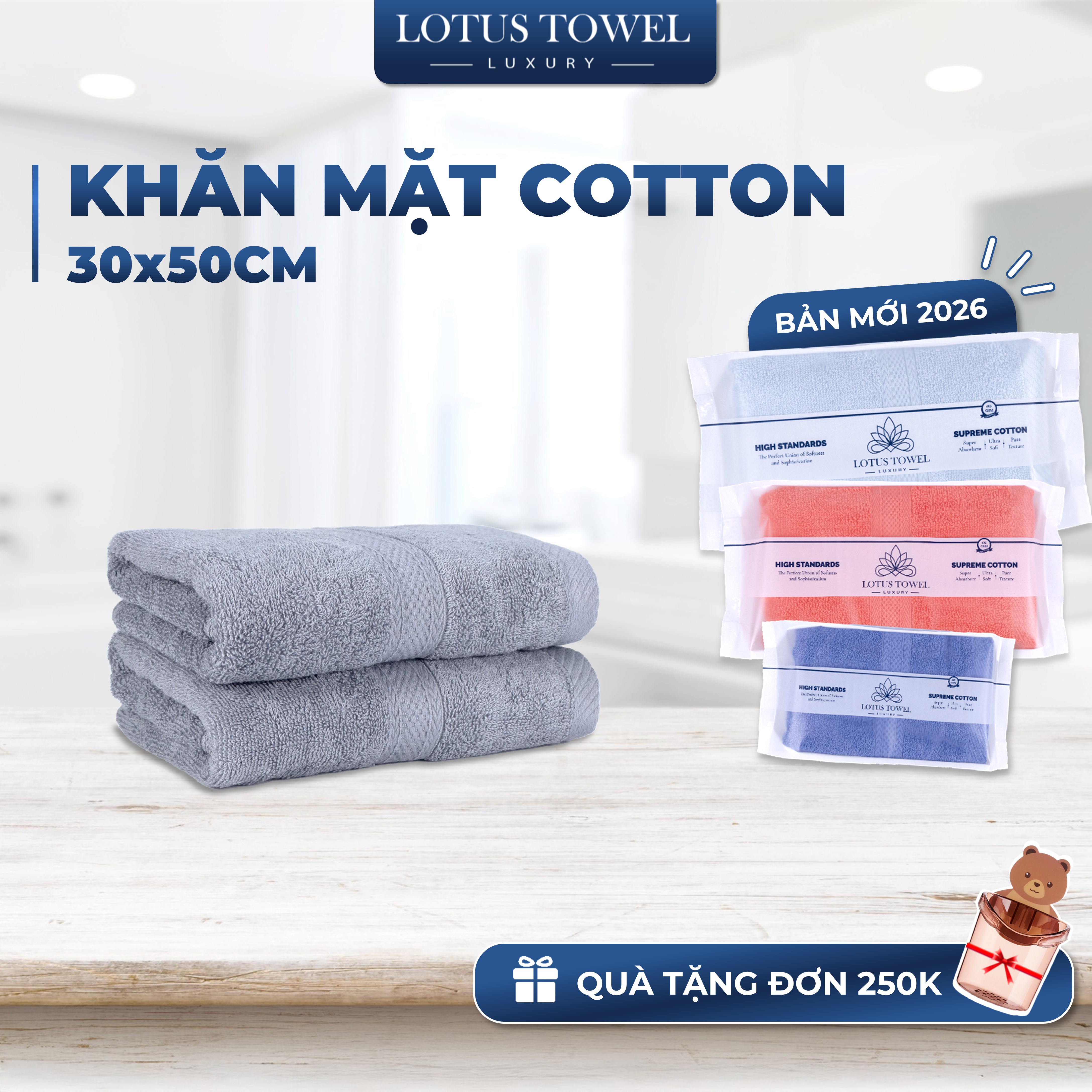 Khăn Mặt 30x50cm Châu Âu LOTUS 100% Cotton, Mềm Mịn Thấm Hút Không Ra Màu