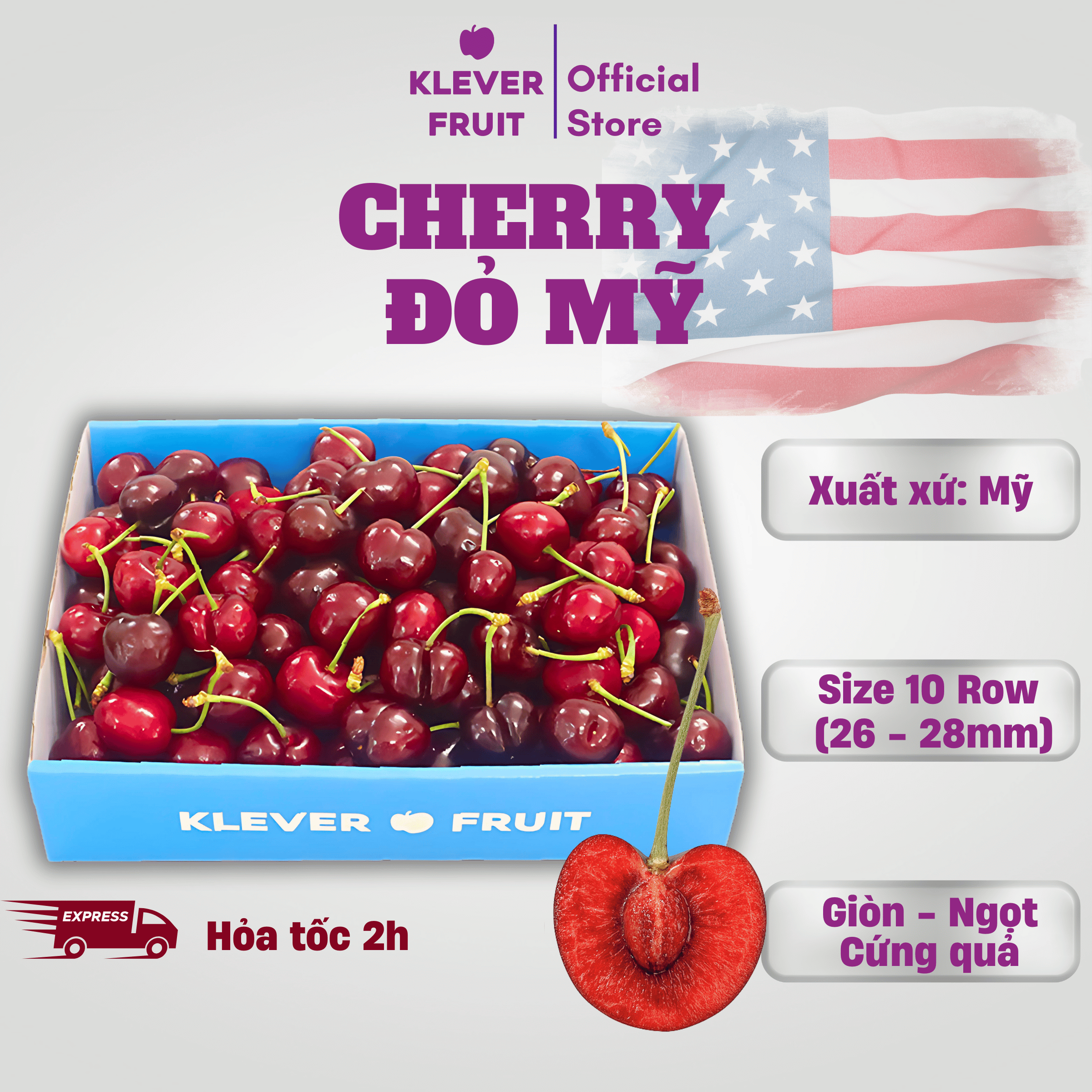 [FLASHSALE 27.6] Cherry Đỏ Mỹ Nhập Khẩu Chính Ngạch - USA Cherry Size 10 Row (26-28mm) - Klever Fruit - Cherry Giòn Ngọt Cứng Quả Tươi Ngon - Trái Cây Nhập Khẩu Cao Cấp