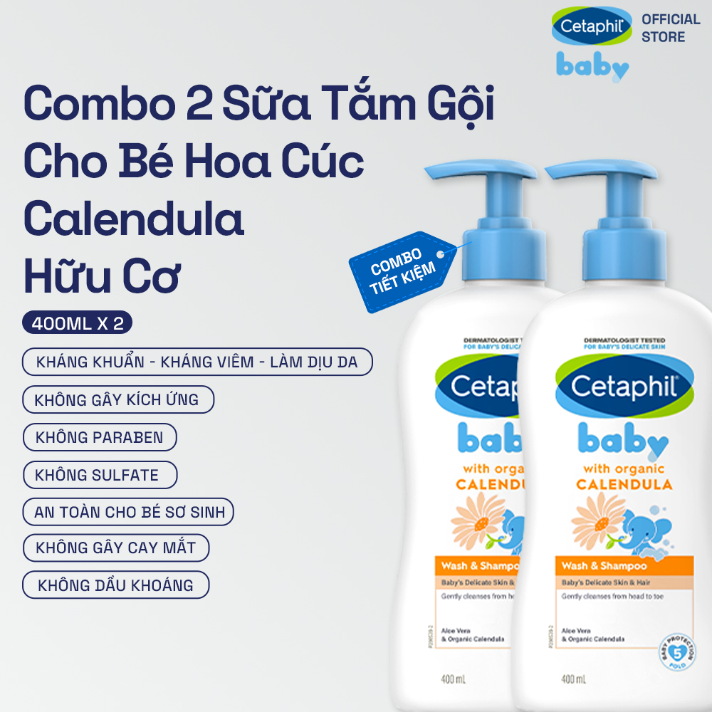 Combo 2 Sữa tắm gội dịu lành cho bé Cetaphil Baby Wash & Shampoo with Organic Calendula 400ml/chai