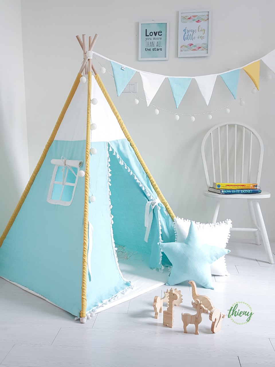 Lều vải cho bé xanh ngọc vải linen cotton 100% Cọc gỗ tự nhiên cho bé 6 tháng đến 12 tuổi Lều vải Thiên Ý cao cấp Lều vải thổ dân DIY Handmade cho bé Xưởng sản xuất Ảnh thật tự chụp