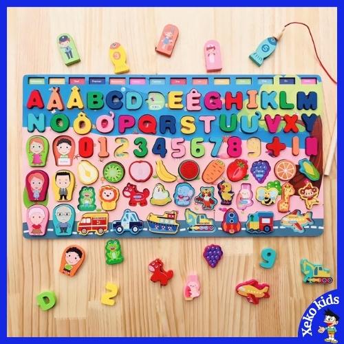 Đồ chơi trẻ em,trẻ con bộ bảng câu cá, xếp hình, ghép chữ tiếng Việt 6 in 1 và 7 trong 1 bằng gỗ mẫu mới năm 2022 cho bé trai, gái 1 2 3 4 5 6 tuổi. Đồ chơi thông minh giáo dục montessori cho bé phát triển trí tuệ