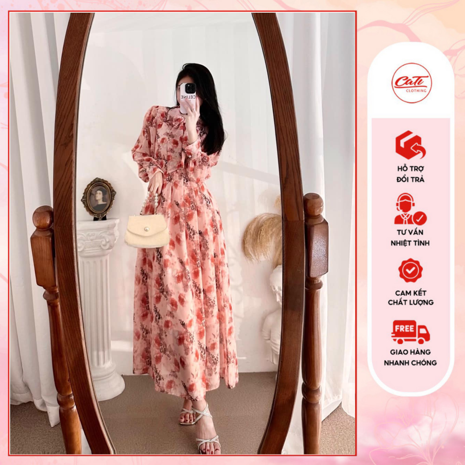 CATI Đầm maxi hoa 2 màu hoa xanh -hồng