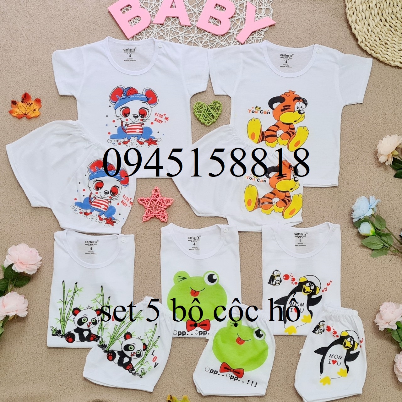 Set 5 bộ cộc hổ chui đầu có cài khuy vai cho bé từ 3-14kg