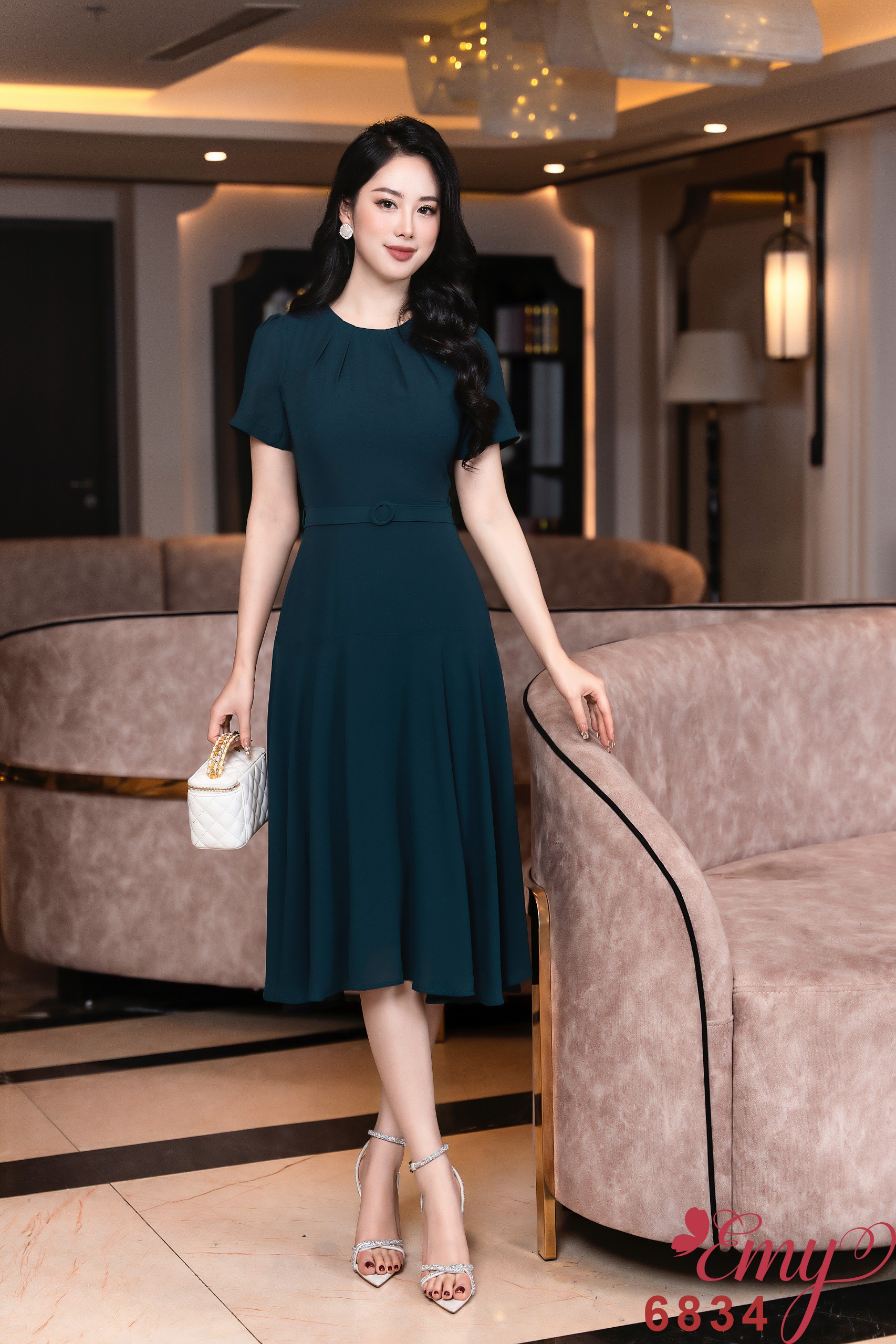 Đầm emy em6834 xoè xanh cổ tròn