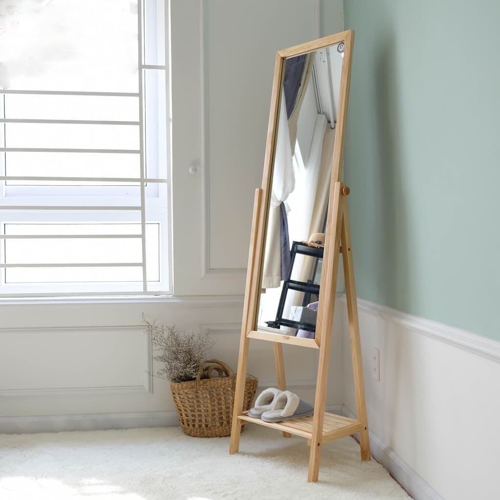 GƯƠNG ĐỨNG SOI TOÀN THÂN TRANG ĐIỂM KHUNG GỖ TỰ NHIÊN PHỐI KỆ HÀN QUỐC