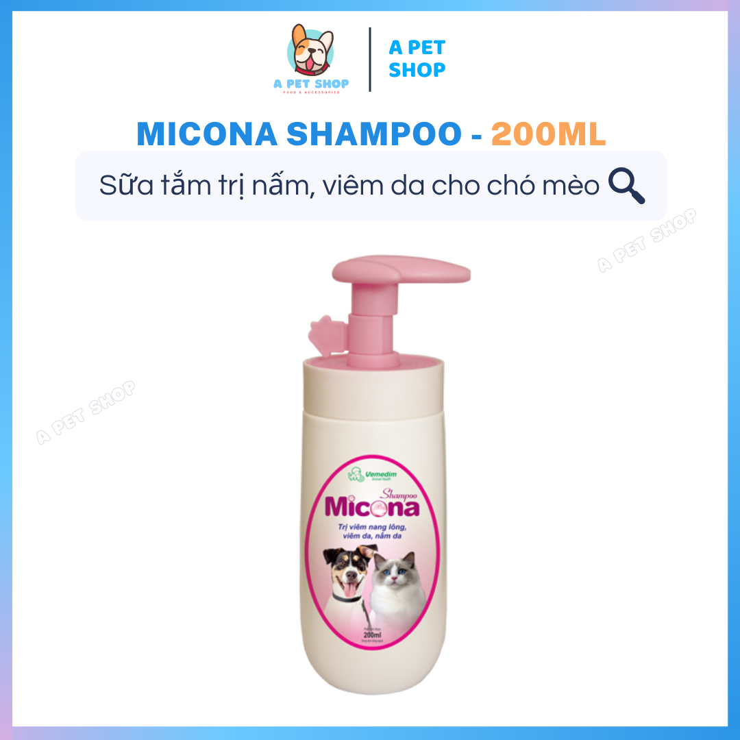 Sữa tắm trị nấm cho chó mèo Micona Shampoo 200ml - Sữa tắm trị viêm da, nấm da cho chó mèo giúp dưỡng lông siêu mượt, khử mùi hôi - A Pet Shop