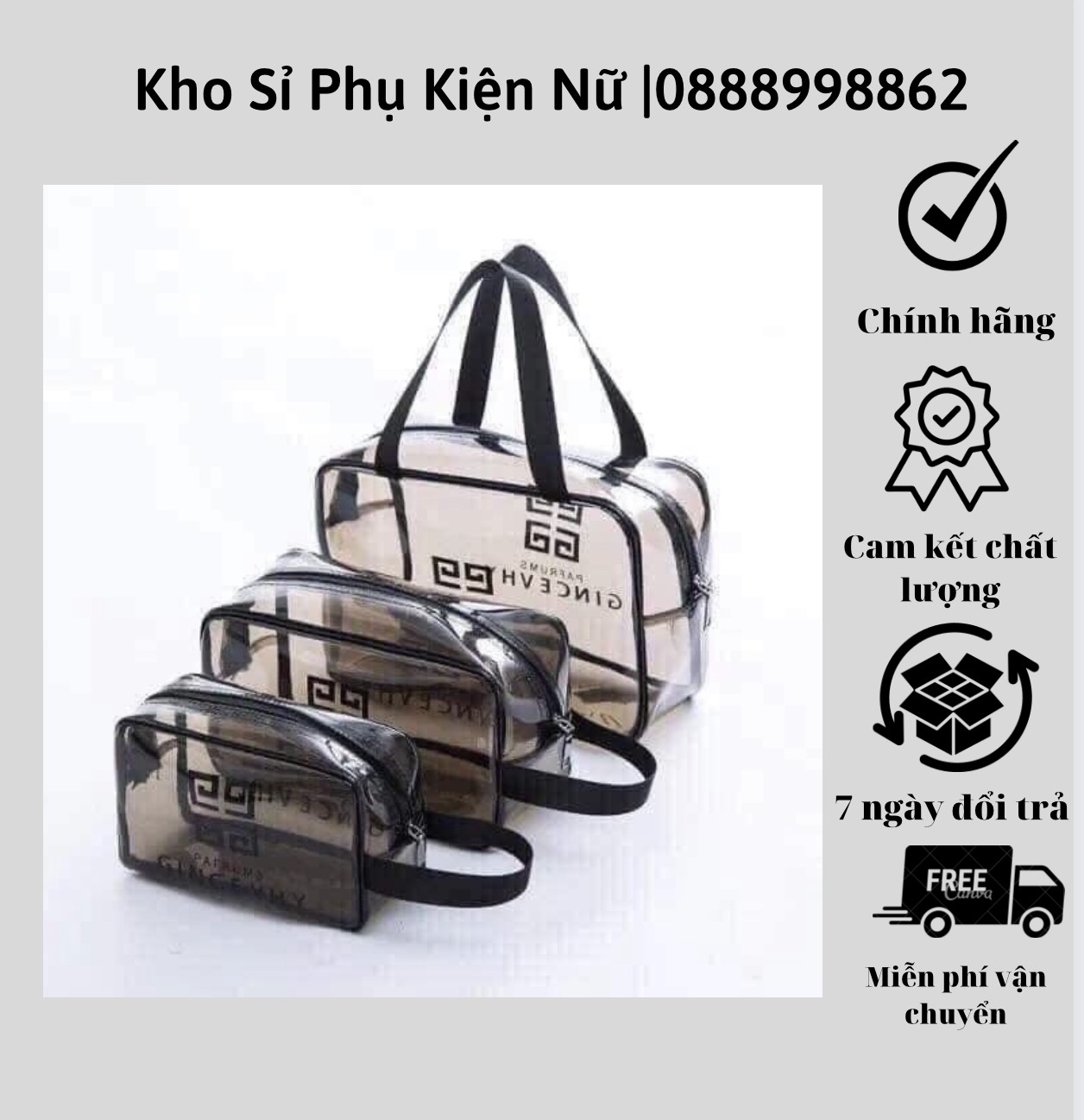 Set 3 túi đựng mỹ phẩm trong suốt, túi du lịch trong suốt chống thấm