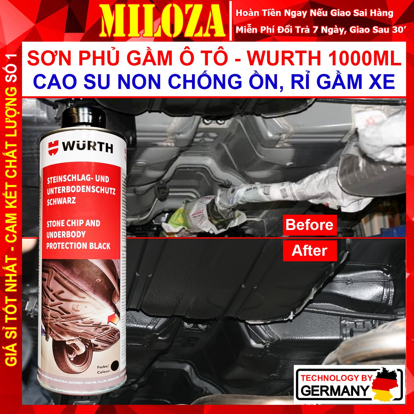 Sơn Phủ Gầm Ô tô - Phủ Gầm WURTH 1000ml - Sơn Phủ Gầm Cao Su Non Chống Nước, Chống Ồn, Chống Rỉ Sét Khung Gầm Xe Hơi - MILOZA