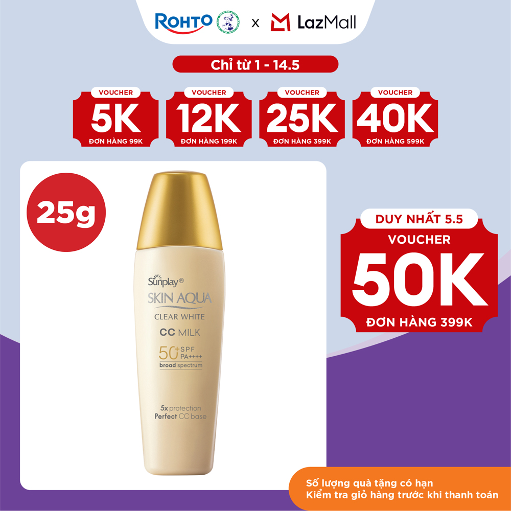 Kem chống nắng Skin Aqua trang điểm tạo nền trắng mịn  đều màu dạng sữa Sunplay Skin Clear White CC Milk SPF 50, PA++++ 25g