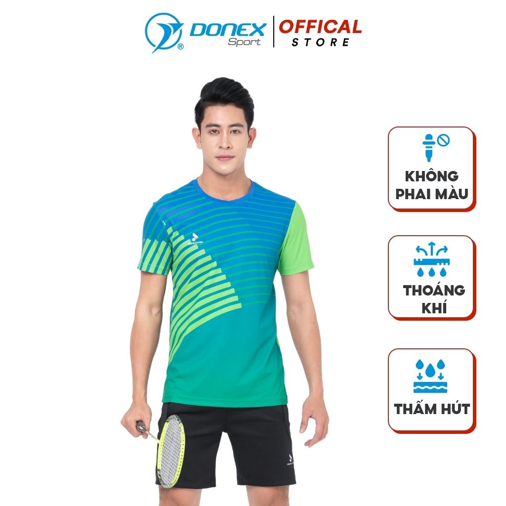 Áo thể thao nam donexpro thiết kế cổ tròn, tay ngắn trẻ trung, họa tiết kẻ, phối màu nổi bật năng động mc-9036