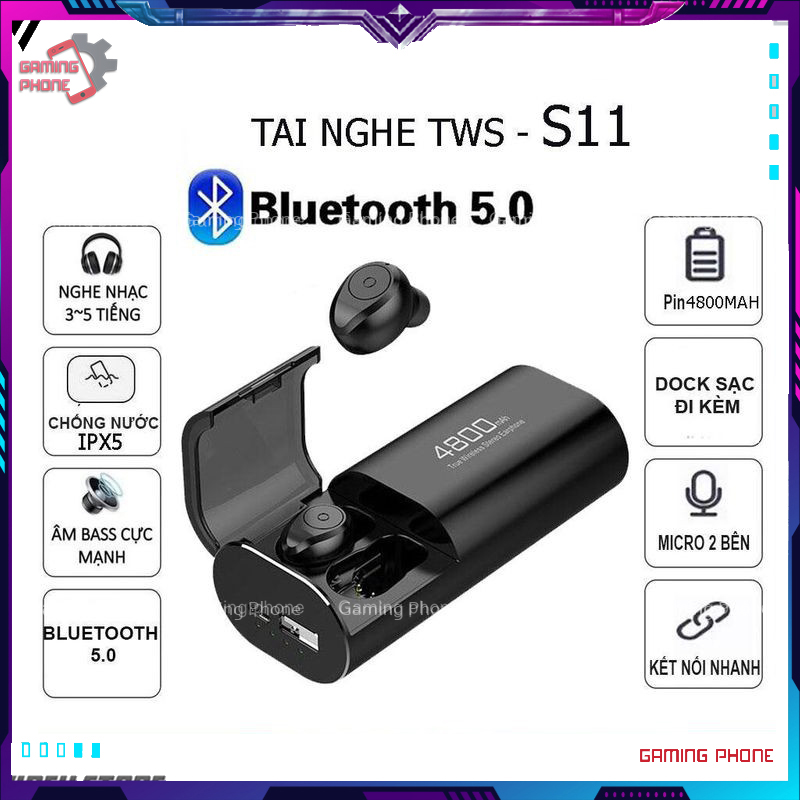 Tai nghe Bluetooth,Tai nghe nhét tai,Tai nghe không dây Bluetooth S11 TWS bản Quốc tế 5.0 sạc dự phòng 4800mAh.