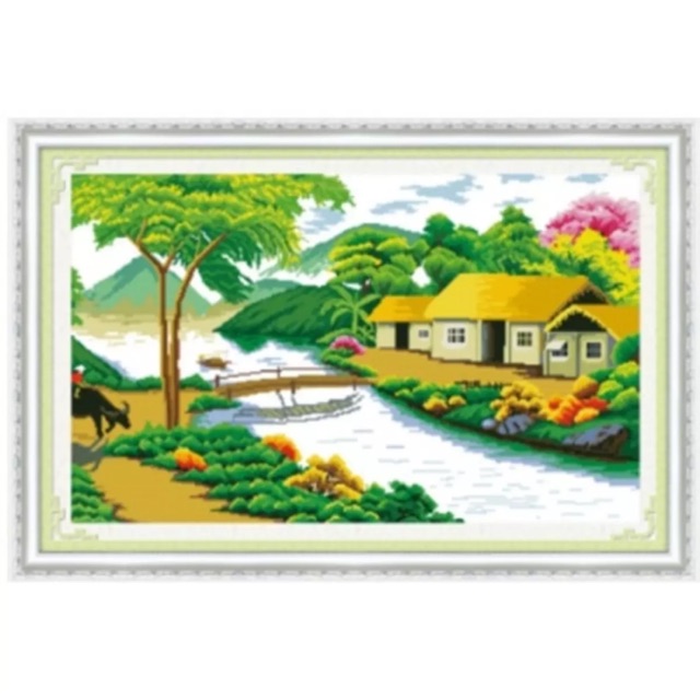 [HCM]Tranh thêu chữ thập phong cảnh làng quê