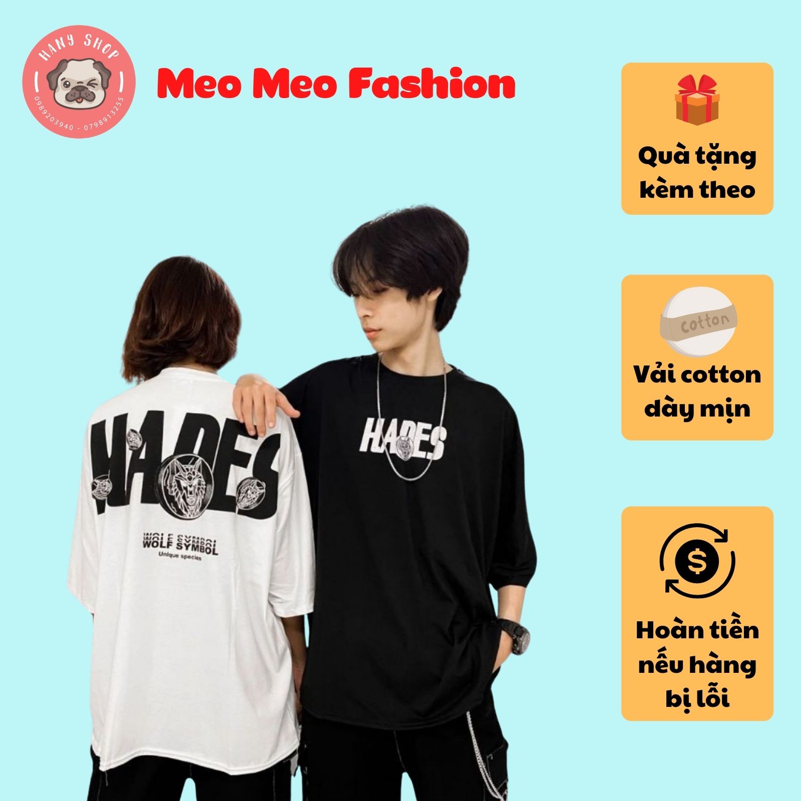 Áo thun tay lỡ form rộng Hades Wolf Symbol phong cách unisex cho cả nam nữ, vải cotton 100% co dãn 4 chiều, có tem mạc đầy đủ, hình in to và cực bền AL55 - Meo Meo Fashion