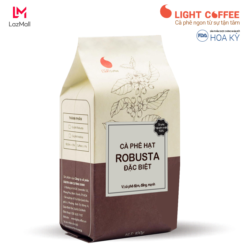 Cà phê cam kết nguyên chất 100% dạng hạt Robusta đặc biệt - 100gr - Light Coffee
