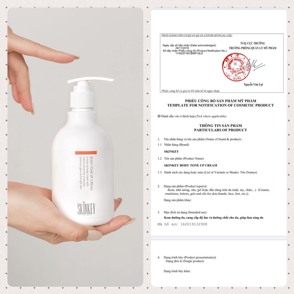 Kem Body Skinkey Dưỡng Ẩm Cơ Thể, Trắng Da Nâng Tông Tự Nhiên, Chống Nắng Spf50