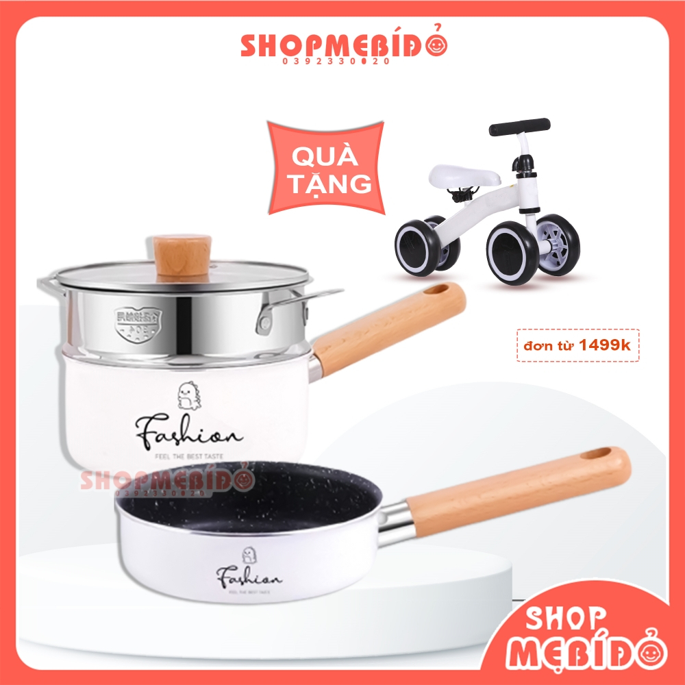 Bộ nồi chảo ăn dặm nấu cháo quấy bột kèm xửng hấp cho bé fashion chống dính cao cấp tặng kèm quà
