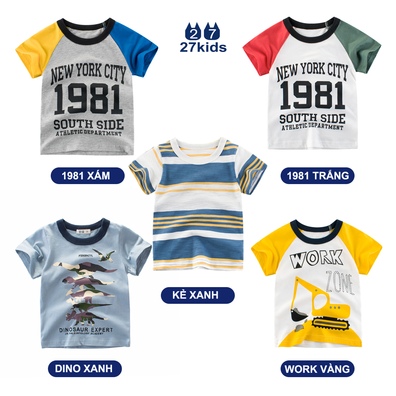 [CHÍNH HÃNG 27KIDS] Áo thun ngắn tay bé trai 27KIDS in hình ngộ nghĩnh cho bé chất cotton hàng xuất khẩu  AT4