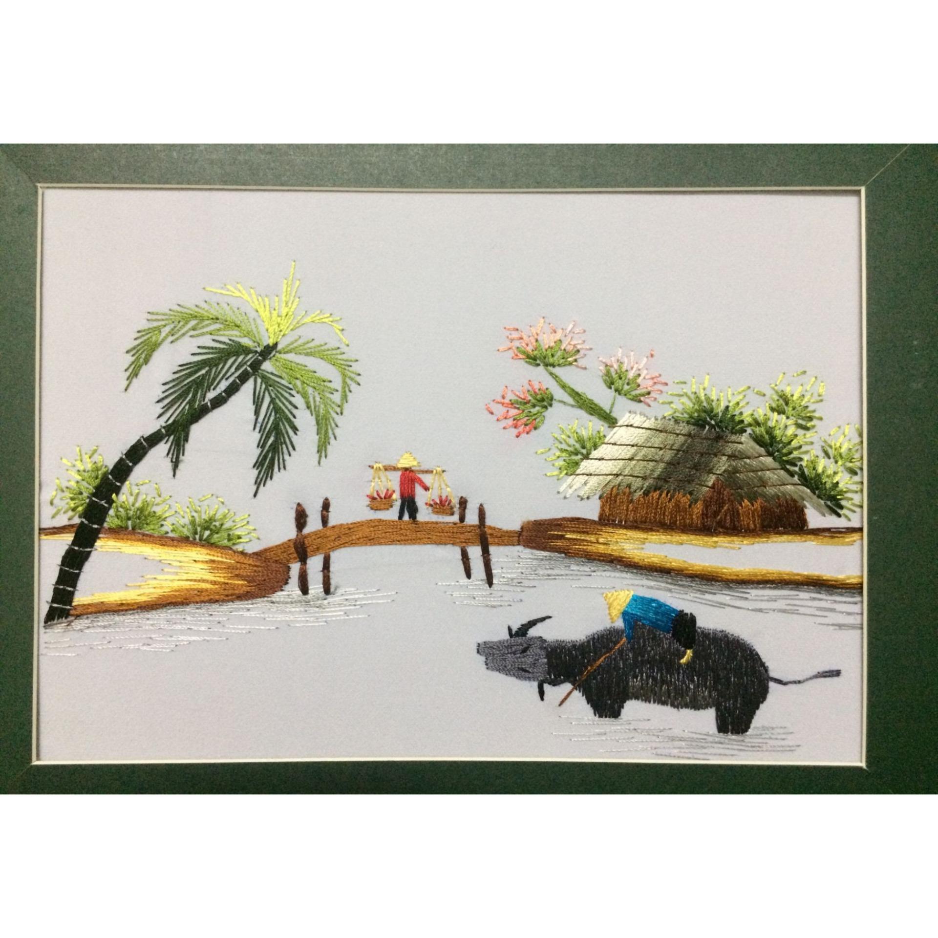 Tranh thêu tay Đồng Quê Chăn Trâu 20 x 25cm DQCT001