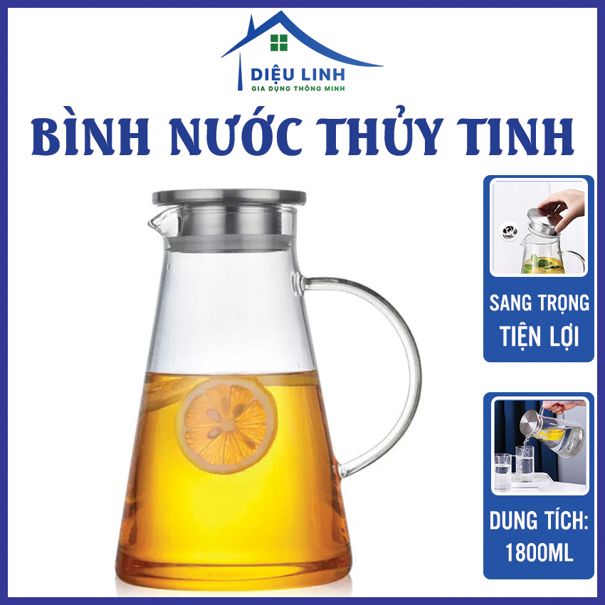 Bình nước thủy tinh 1800ml GPH 28, Bình đựng nước thủy tinh có quai cầm sang trọng, Ấm pha trà thủy tinh có lõi lọc trà Dieulinhshop