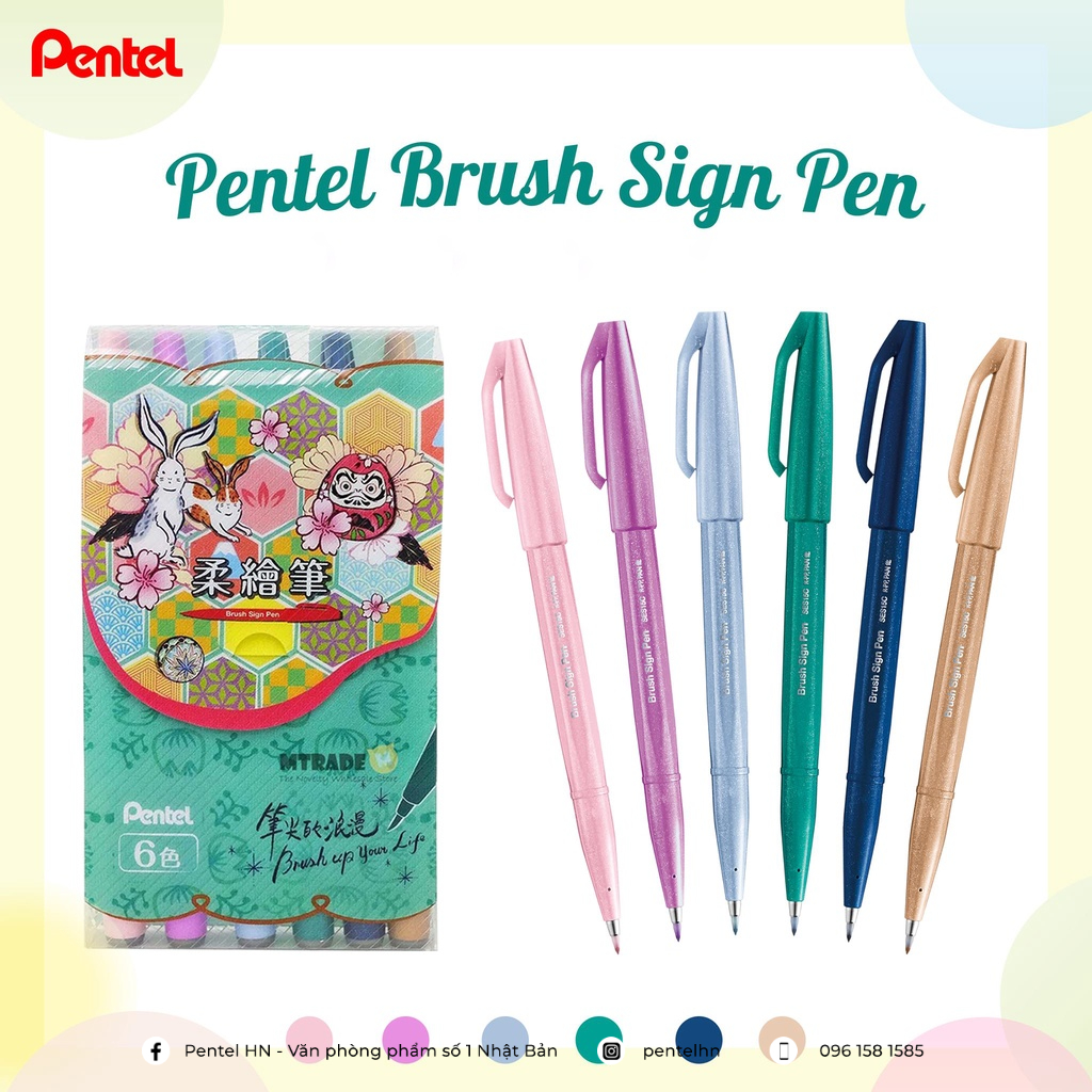 Set 6 bút viết thư pháp calligraphy pentel brush sign pen ses15c