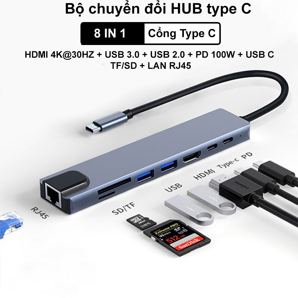 Cổng chuyển đổi HUB Type C to HDMI, USB 3.0, RJ45, PD Cho MAC, Laptop