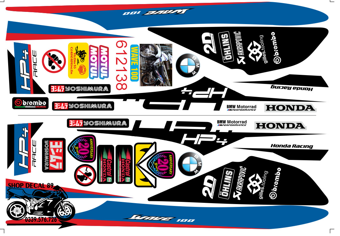 Tem Rời WAVE ALPHA 100cc - 50cc TRẮNG XANH ĐEN CHỮ HP4 MS 612138 - Tem Chế 3 Lớp Cao Cấp