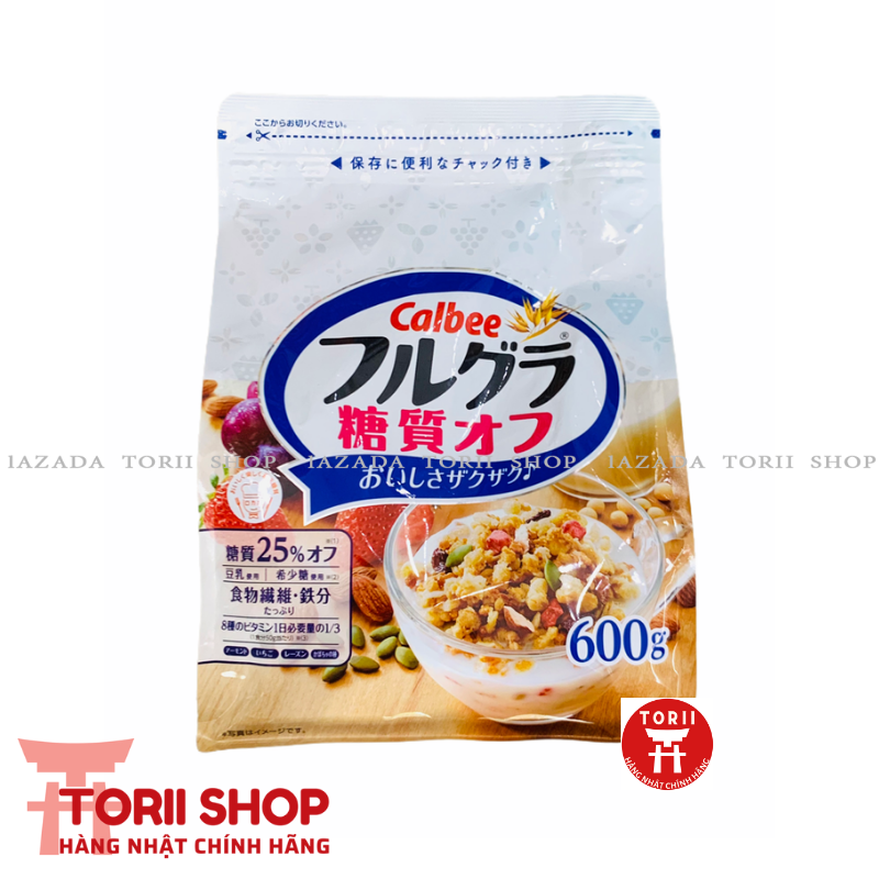 Ngũ cốc hoa quả Calbee giảm ngọt màu trắng gói 600g hàng Nhật nội địa | Ngũ cốc Calbee Sugar Off gói trắng 600gr (giảm 25% đường)