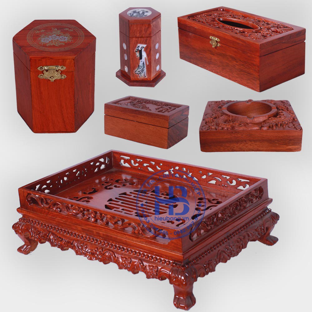 Bộ combo 6 món khay trà phòng khách gỗ Hương