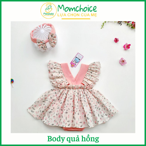 Bodysuit Váy Quả Hồng Ngọt Ngào Bé Gái [MOMCHOICE] Body Trẻ Em Kèm Turban Từ ss- 13kg. Chất Đũi Trơn Kết Hợp Thô Cotton Mềm Mát.