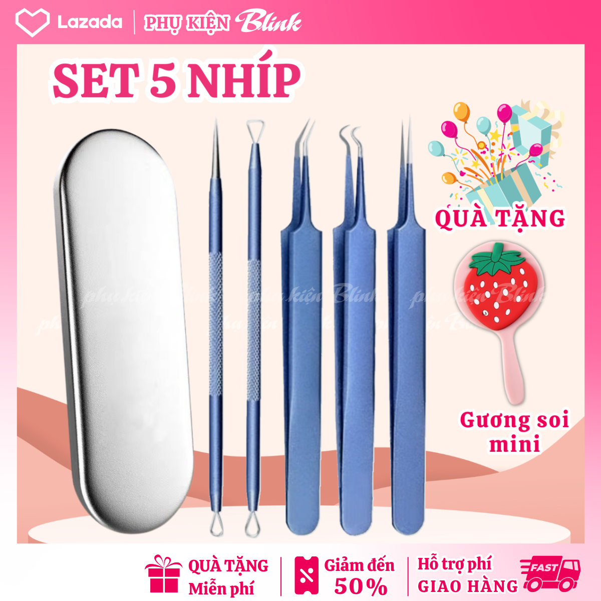 Bộ nhíp 5 món lấy nhân mụn (TẶNG GƯƠNG MINI) thép không gỉ cao cấp có hộp đựng kim loại chắn chắn giúp bạn chăm sóc da an toàn, dễ dàng, không gây tổn thương cho da
