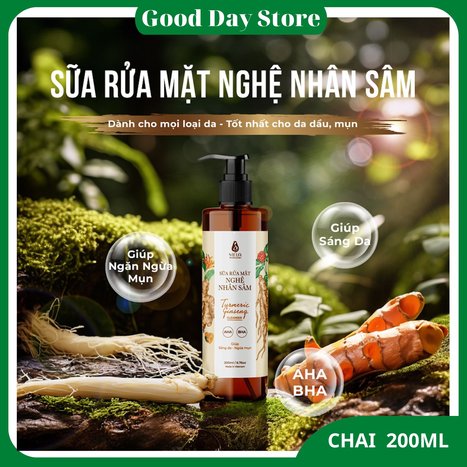 Sữa rửa mặt Mela chai 200ml, Sữa rửa mặt nghệ nhân sâm làm sáng da,giảm mụn,ngừa thâm Mela