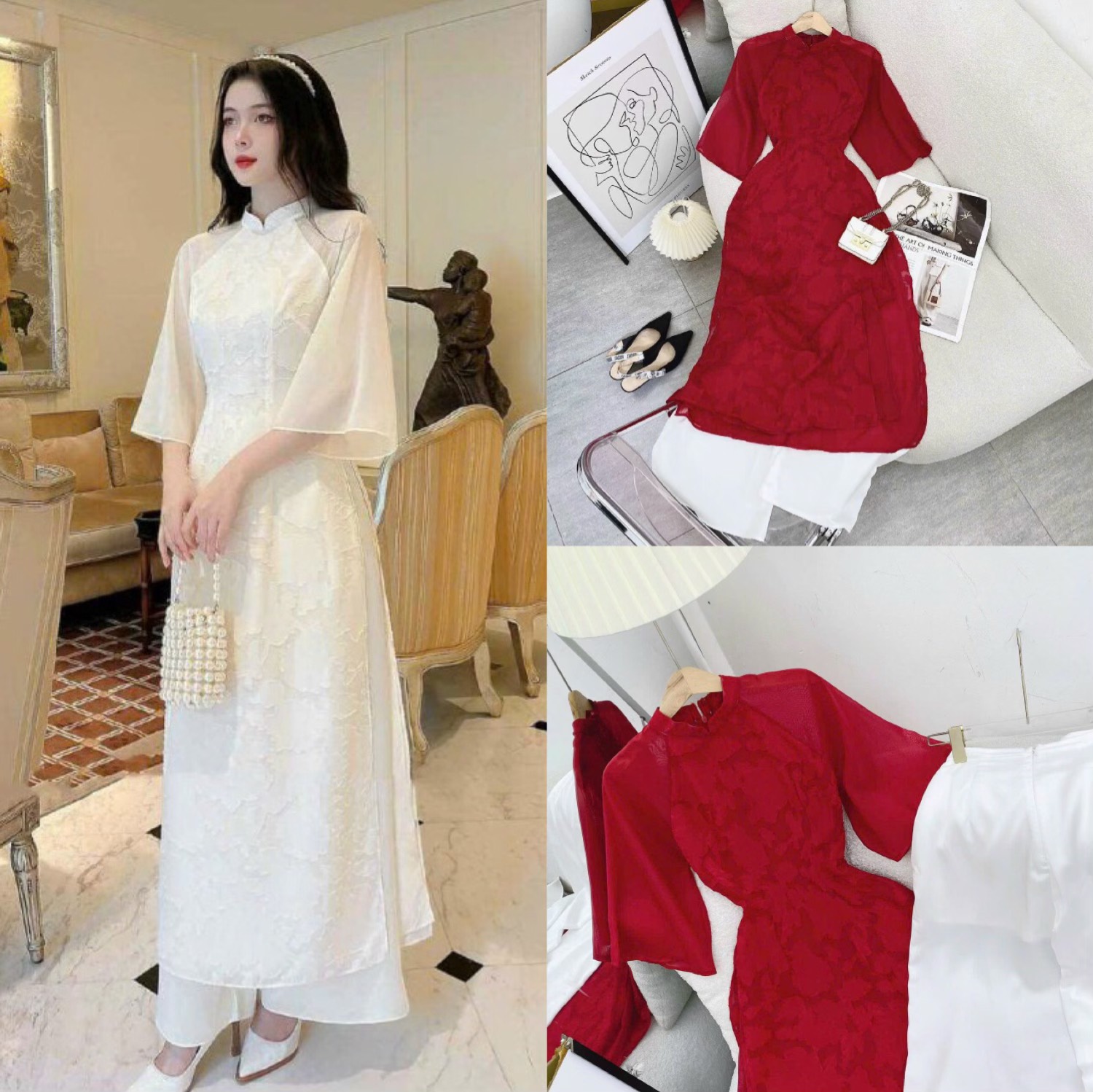 Set áo dài thời trang ren hoa hồng phối voan B18