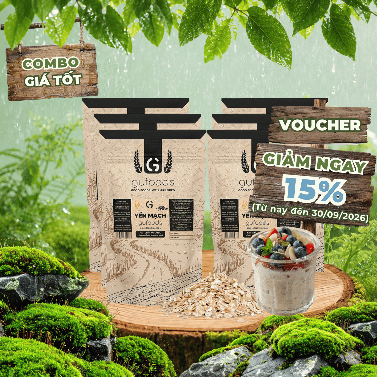 Combo 6 túi Yến mạch tươi cán mỏng GUfoods - Giàu chất xơ & protein thực vật, Tốt cho sức khoẻ, Túi zip tiện lợi, Healthy, Lành mạnh, Tập gym, Eat clean