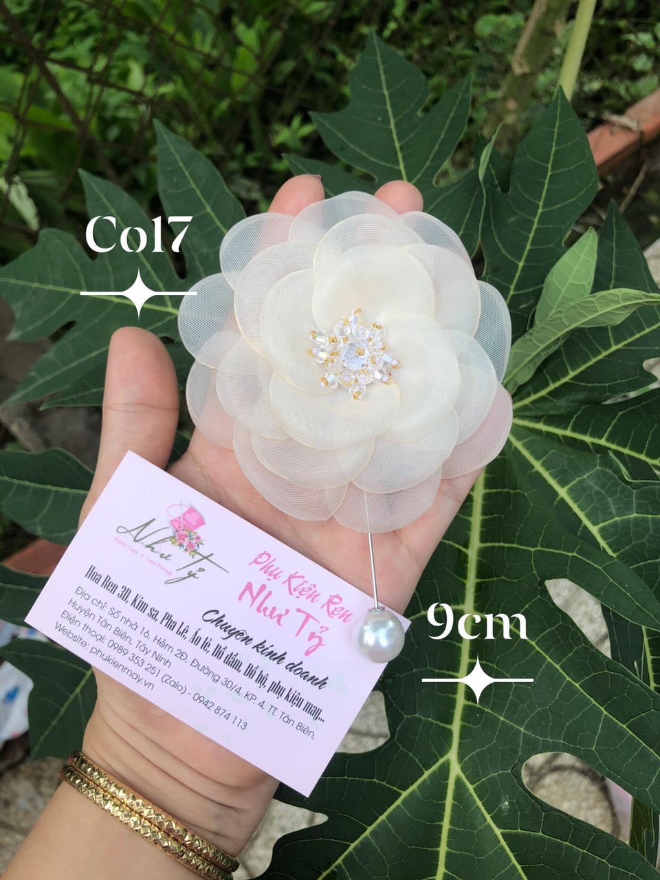 Cài áo ngọc trai xinh xắn 9cm nhụy pha lê kết cao cấp