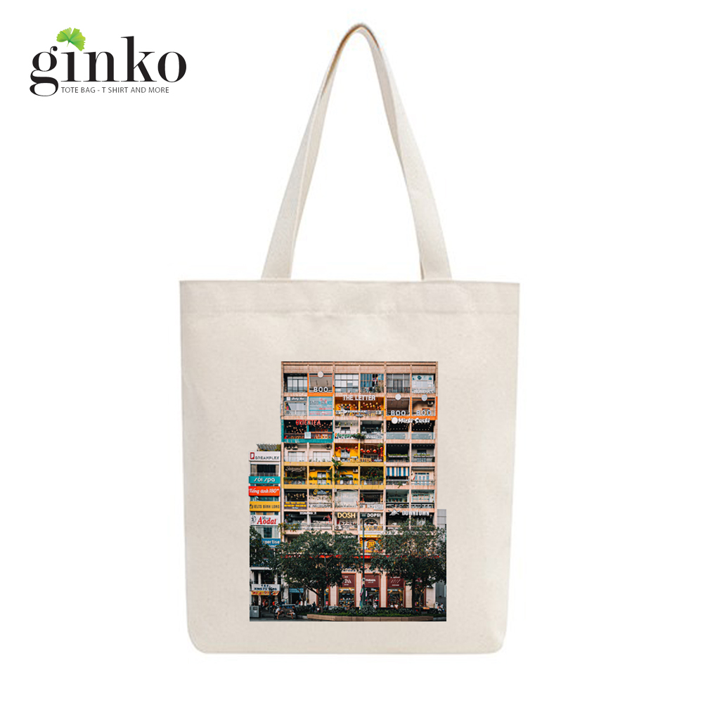 Túi tote vải mộc GINKO dây kéo in hình Vietnam 42 chung cư Nguyễn Huệ M23