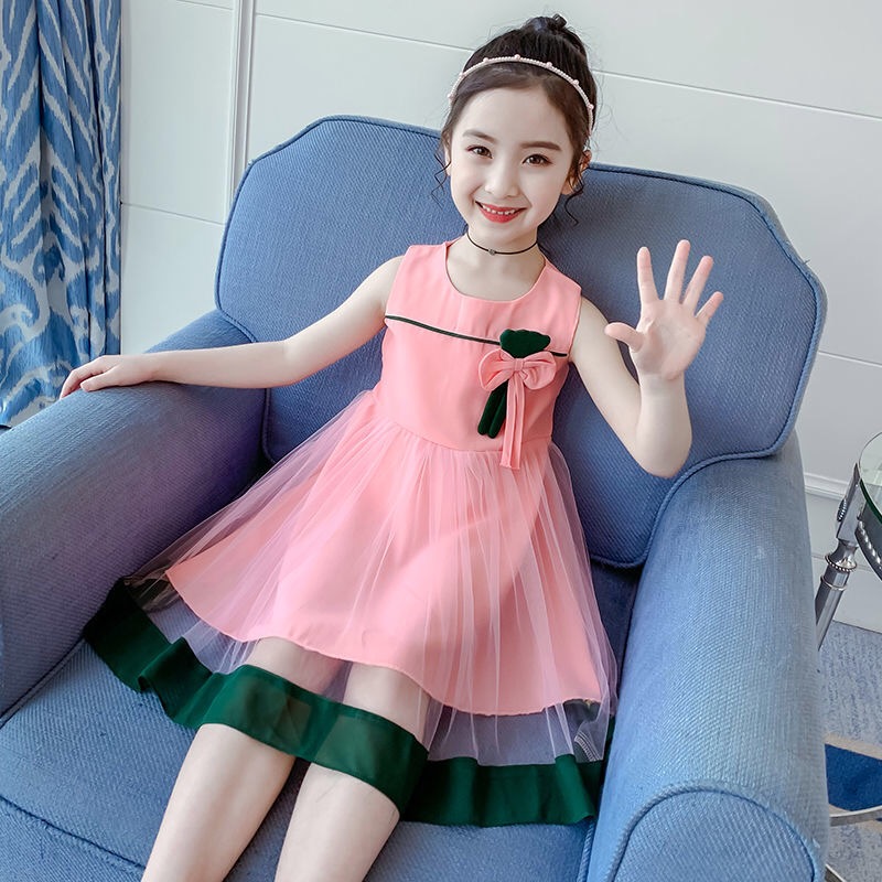 Váy đầm sát nách có hoa ở ngực phối ren lưới nhiều màu cho bé gái