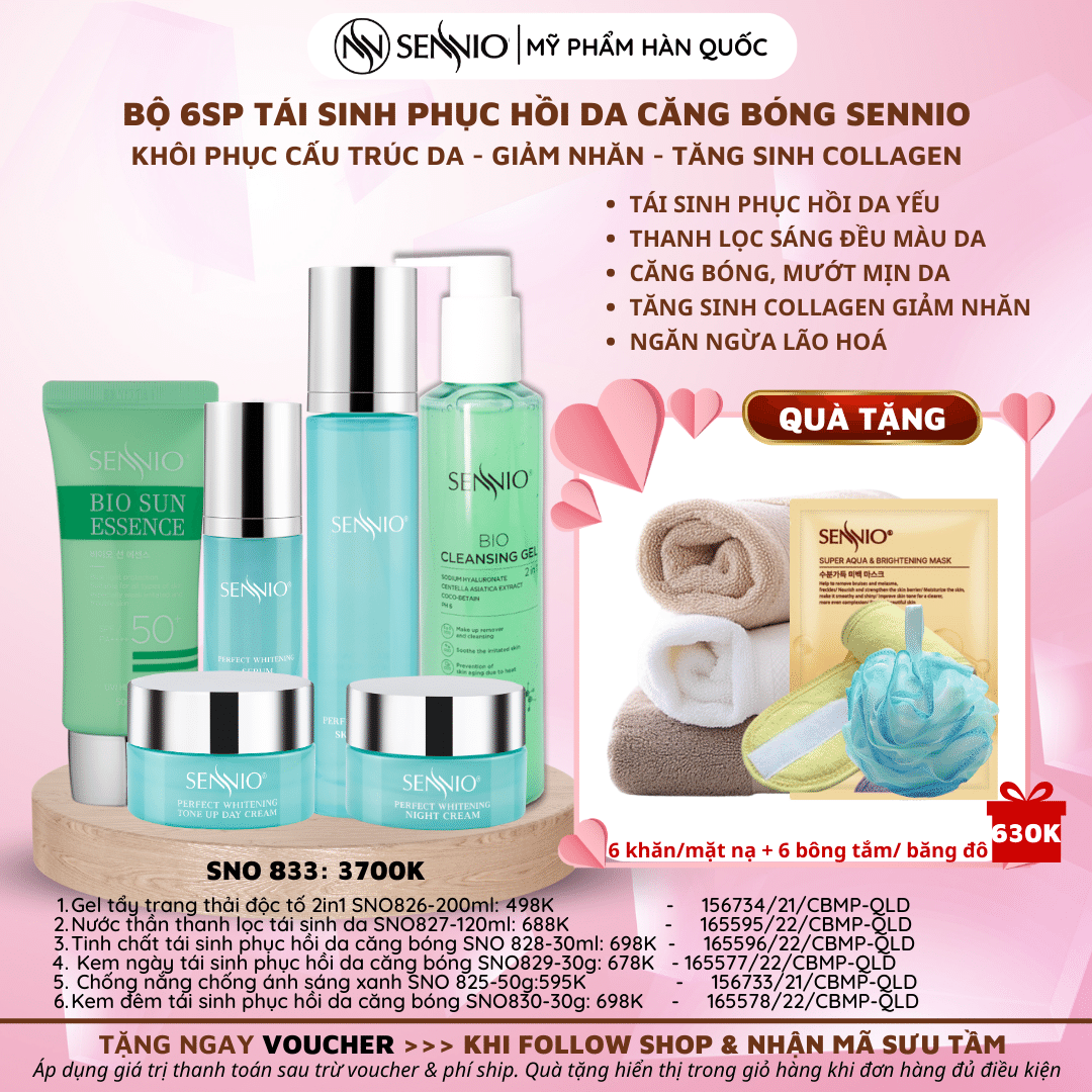 Bộ 6 sản phẩm kem dưỡng da tái sinh phục hồi da căng bóng Sennio SNO 833 Perfect Whitening Set 6 Combo