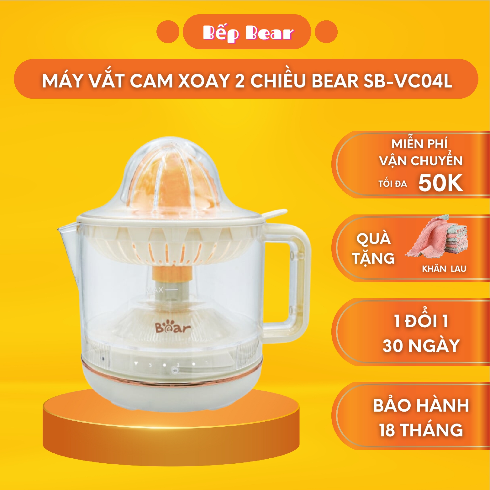 Máy vắt cam tự động bear sb-vc04l, máy vắt cam 2 chiều 5 chế độ vắt - bản quốc tế bảo hành 18 tháng