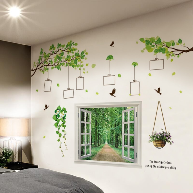 Decal dán tường giàn cây và cửa sổ xanh