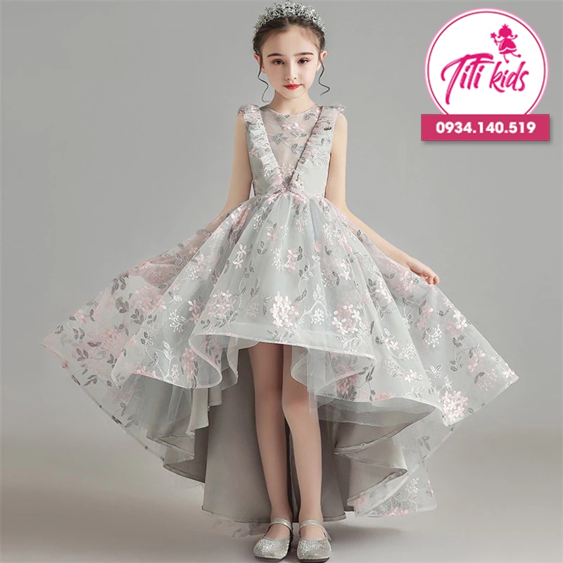 Váy đầm công chúa bé gái cao cấp xám hoa đuôi cá cc078