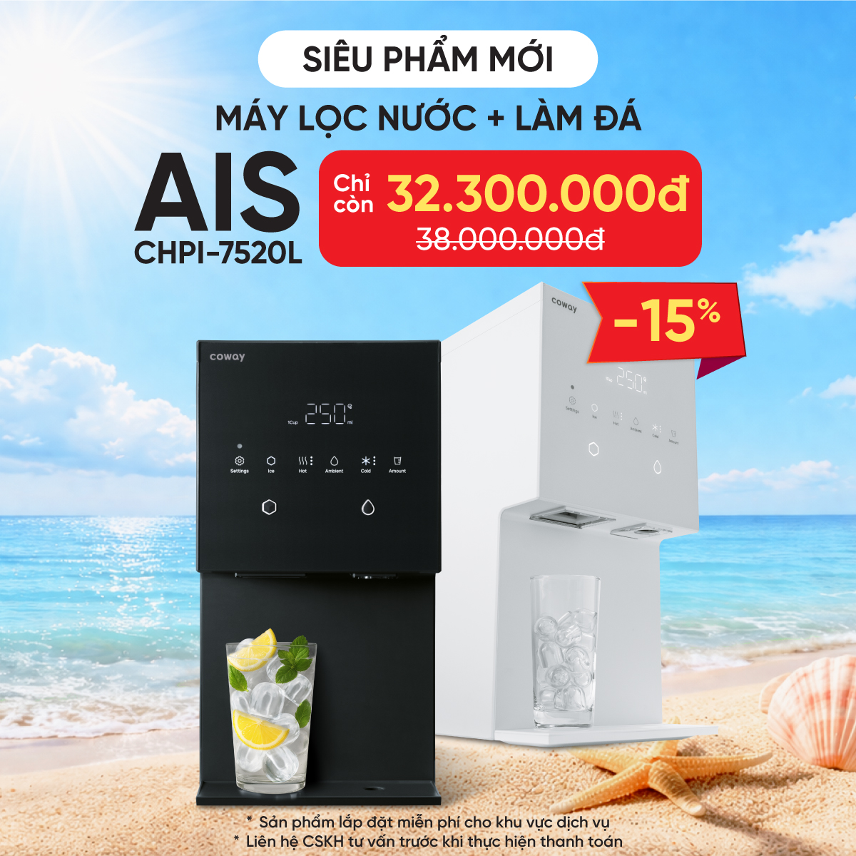 [Chỉ giao HN, Da Nang, HCM] Máy lọc nước Coway AIS CHPI-7520L Dung tích 13.5L Máy lọc nước nóng lạnh làm đá tinh khiết để bàn, công nghệ tia UV kép giúp diệt khuẩn | Hàng chính hãng