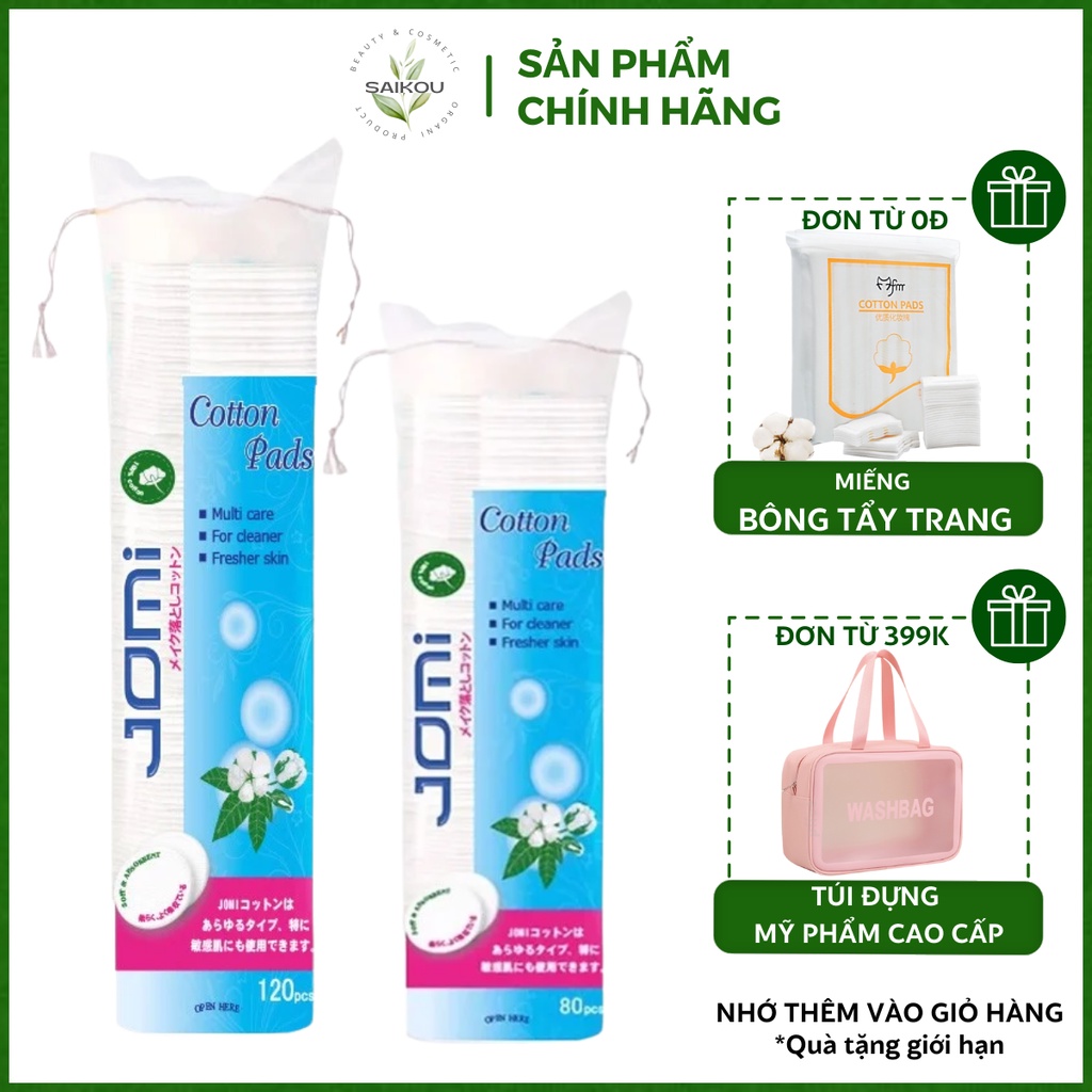 Bông Tẩy Trang Jomi Nhật Bản 120 miếng, Bông Tẩy Trang Cotton Tự Nhiên Mềm Mịn Không Gây Xơ Bông Saikou Beauty