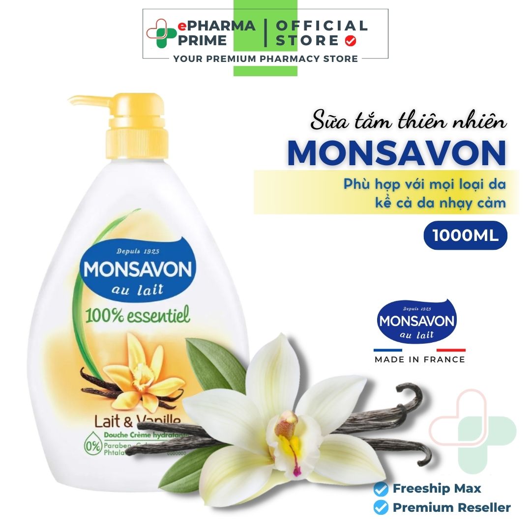 Sữa tắm monsavon lait & vanille chiết xuất từ sữa, hoa vani dưỡng da mềm mịn 1l