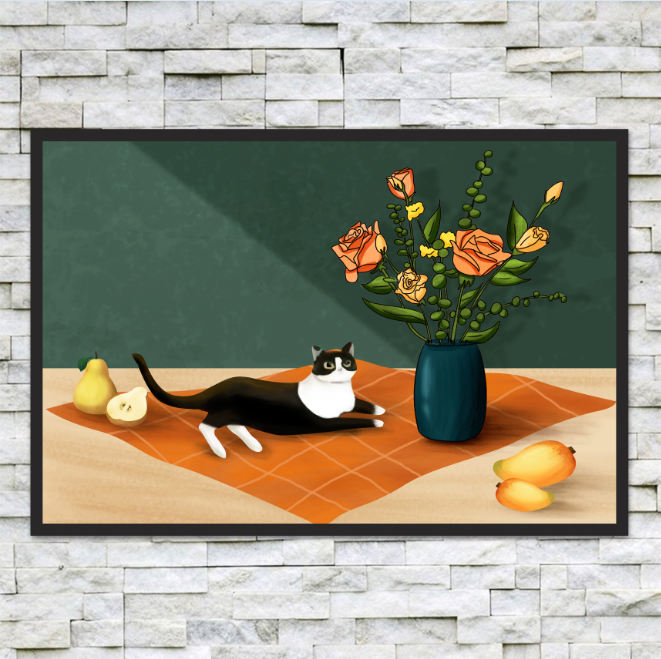 Khung Tranh Nghệ Thuật In Canvas - Mèo & lọ hoa  - Kèm Khung 40x60 cm