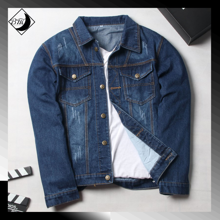 [HCM]Áo khoác jean nam màu xanh đậm cào xước BM85 Shop Blackmoon chuyên áo khoác jean nam