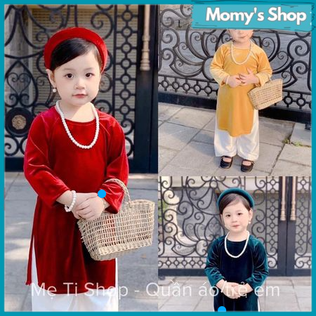 Áo dài tết cho bé gái, áo dài cách tân chất nhung thêu hoa mềm mịn 3 màu cực xinh