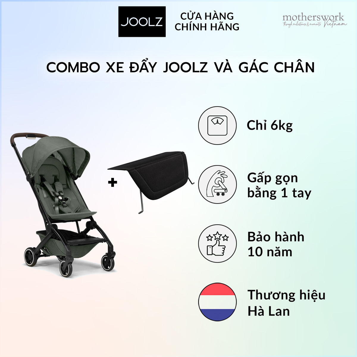 Combo xe đẩy Joolz Aer+ và gác chân gắn xe đẩy, giúp bé ngồi thoải mái, thiết kế gấp gọn tiện lợi, dễ dàng mang theo đi máy bay