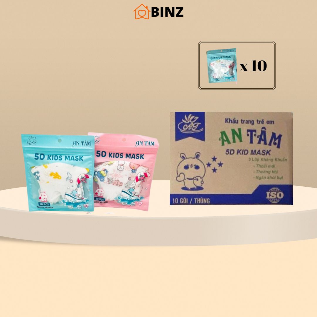 Khẩu trang 5d an tâm trẻ em 2 đến 10 tuổi thùng 100 cái
