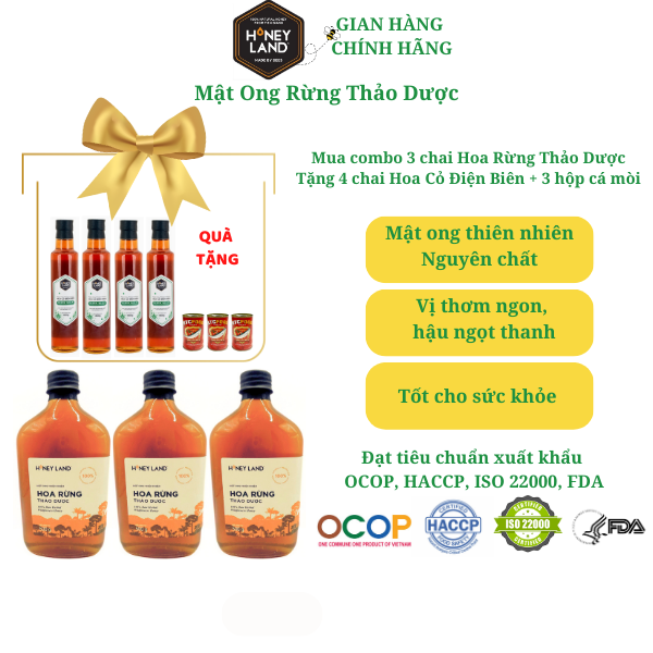 Combo 3 hũ mật ong rừng Thảo Dược tặng 4 chai Điện Biên Honeyland tổng 3020gram mật ong nguyên chất